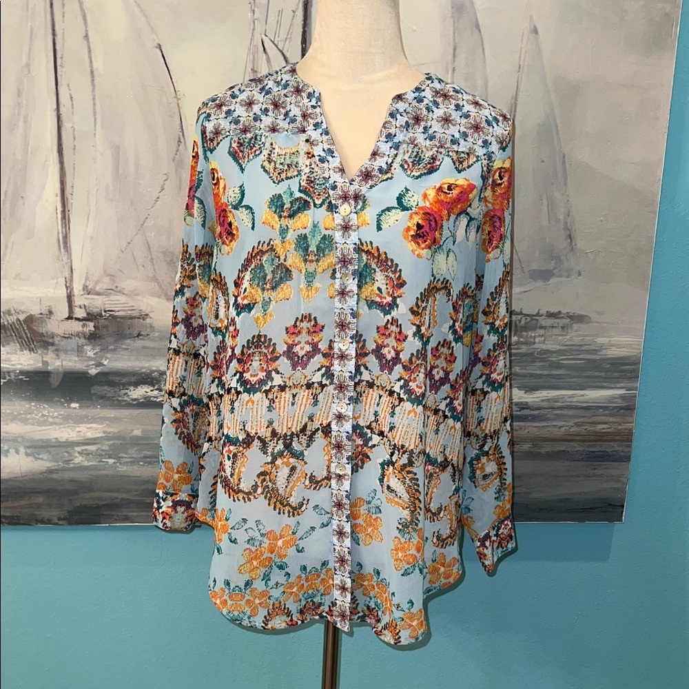 Figueroa & Flower Floral Button Down Tunic Shirt, Small